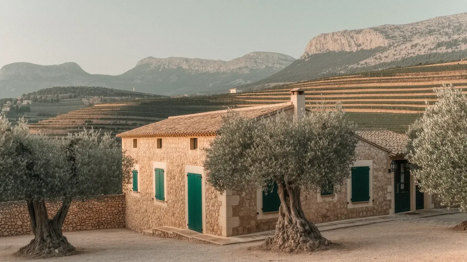 Mallorquinische Finca mit Olivenbäumen vor der Serra de Tramuntana